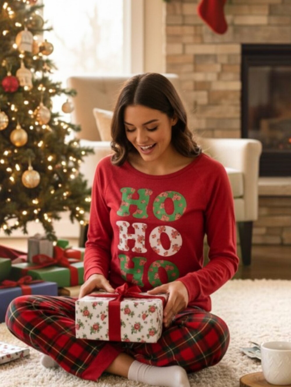 Fifth Sun Woman's Red Holiday 'HO HO HO' Floral Long Sleeve Tee